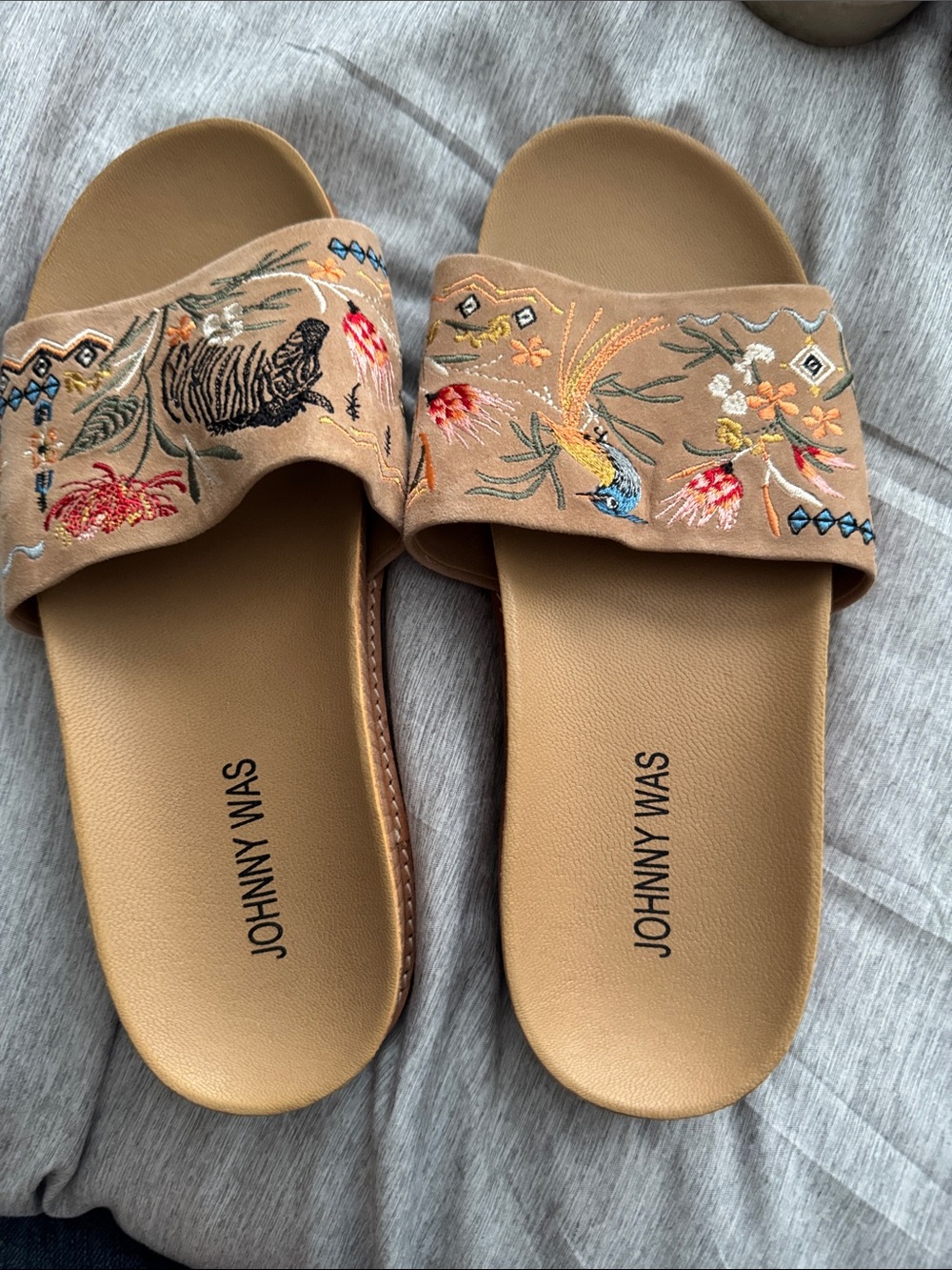 Johnny Was Embroidered Tan Slide Sandals with Multicolor Floral Detail